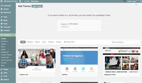 upload your new wordpress theme through the themes panel in the wordpress dashboard