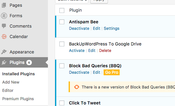 click Plugins from the WordPress dashboard to view your installed plugins or add new plugins