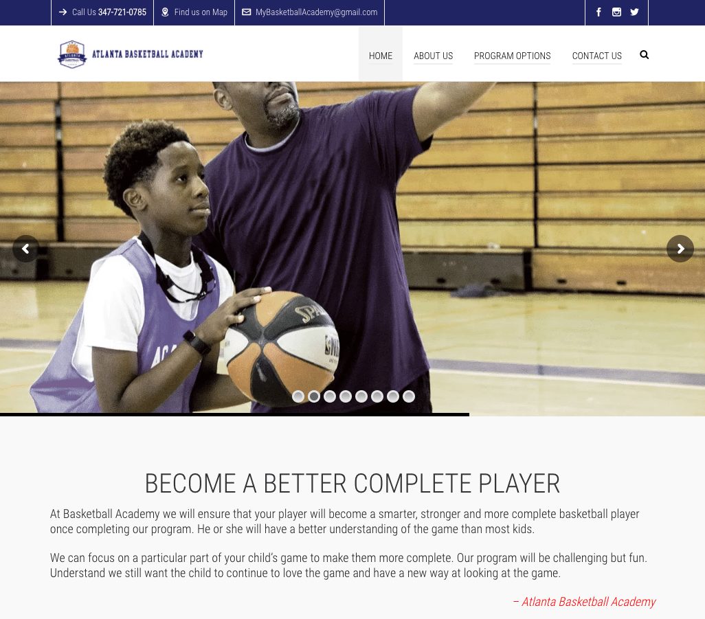 altanta basketball academy home page design