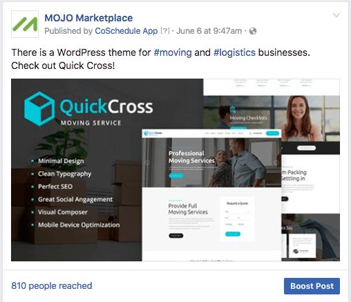 quick cross wordpress theme promoted on mojo marketplace facebook