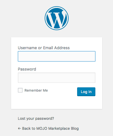 WordPress back end dashboard login prompt