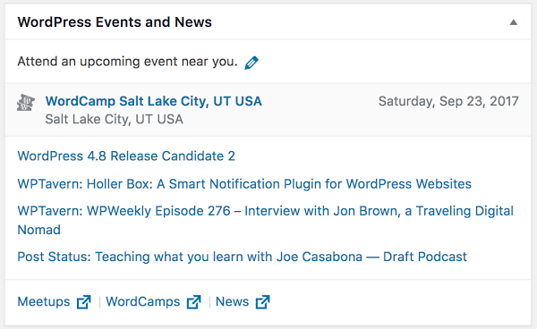 new wordpress events and news feed in 4.8 update dashboard view