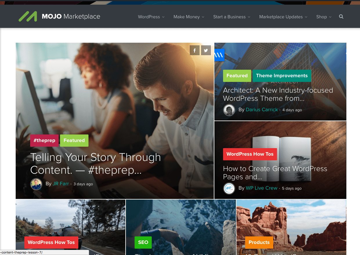 Example of the MOJO Marketplace WordPress Homepage with the Blog Feed