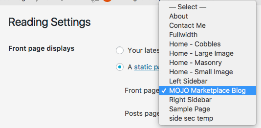 choose a new static frontpage from this dropdown menu